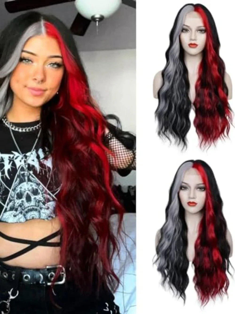 Black Red Gray Wig 28 Inches Long Black Red Wavy Wigs For Women‎ Synthetic Hair